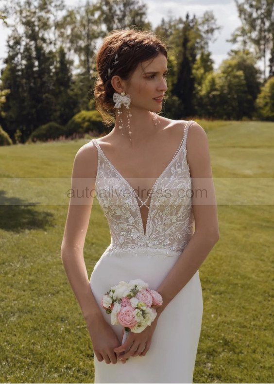 Beaded Ivory Lace Satin Open Back Sexy Wedding Dress